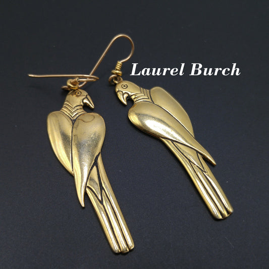 Laurel Burch Gold Plated Parrot Earrings, Gold Filled Ear Wires, 1980s Vintage Jewelry