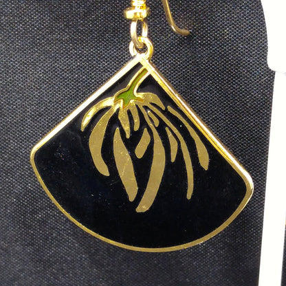 Laurel Burch Floral Earrings, Gold Plating, Black Enamel, Willow Fan, 1980s Vintage Jewelry