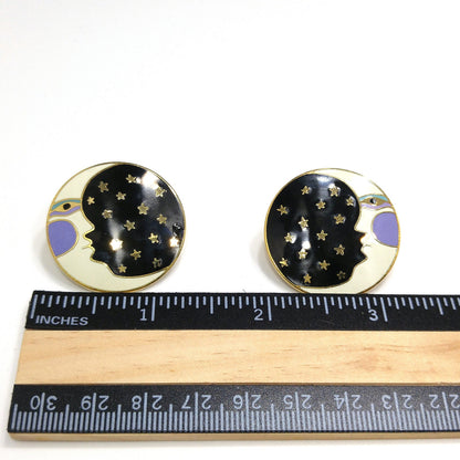 Laurel Burch "Moonface" Large Post Earrings, Cloisonné Gold Plate, Enamel Black White Purple, 1980s Vintage Jewelry