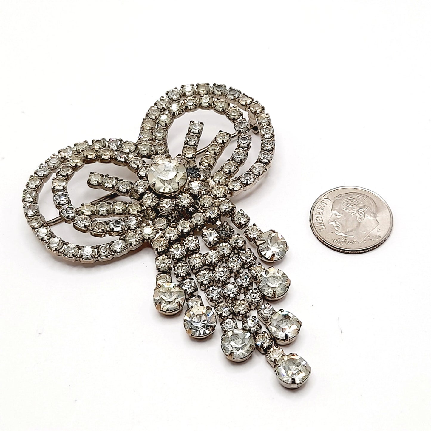 Vintage Clear Rhinestone Bow Brooch, Silver Tone Dangle Design, Midcentury Sparkle, 2 3/4 Inches