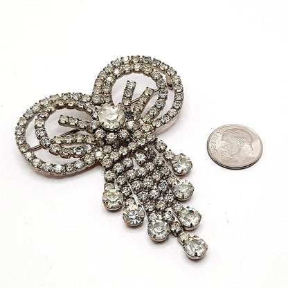 Vintage Clear Rhinestone Bow Brooch, Silver Tone Dangle Design, Midcentury Sparkle, 2 3/4 Inches
