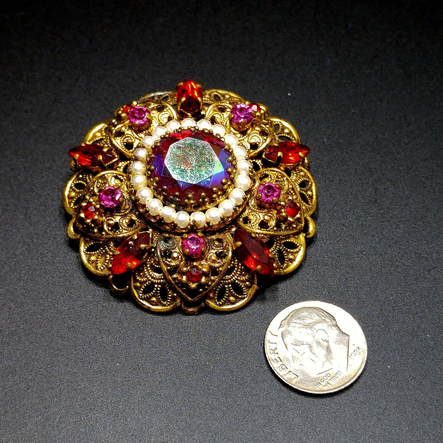 West Germany Red Fire Polished Filigree Brooch, Faux Pearls, 1950s Vintage Jewelry