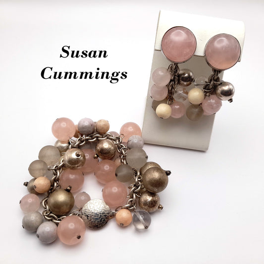 Susan Cummings Beaded Clip Earrings & Bracelet, Sterling Silver, Gemstone Beads