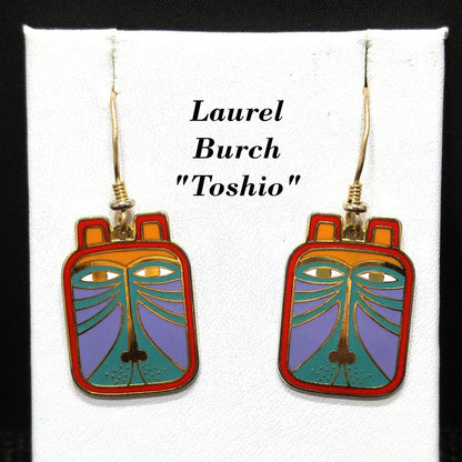 Laurel Burch "Toshio" Drop Earrings, Gold Plated & Enamel Cloisonné, 1980s Vintage Jewelry