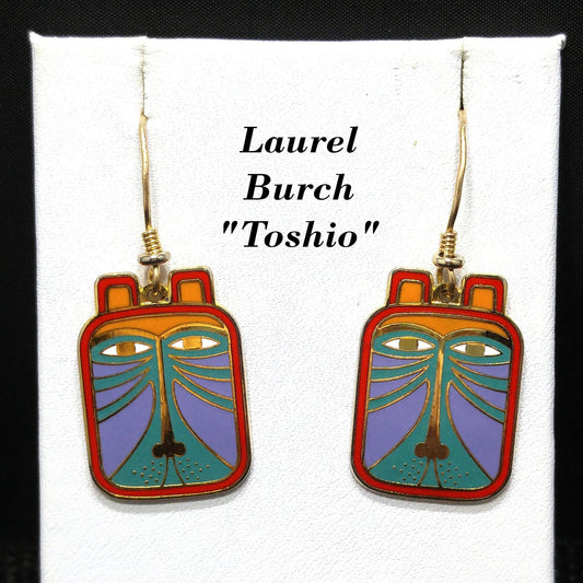 Laurel Burch "Toshio" Drop Earrings, Gold Plated & Enamel Cloisonné, 1980s Vintage Jewelry