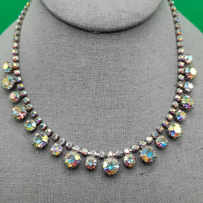 Aurora Borealis Rhinestone Choker Necklace, Rhodium Plated, 1960s Vintage Jewelry