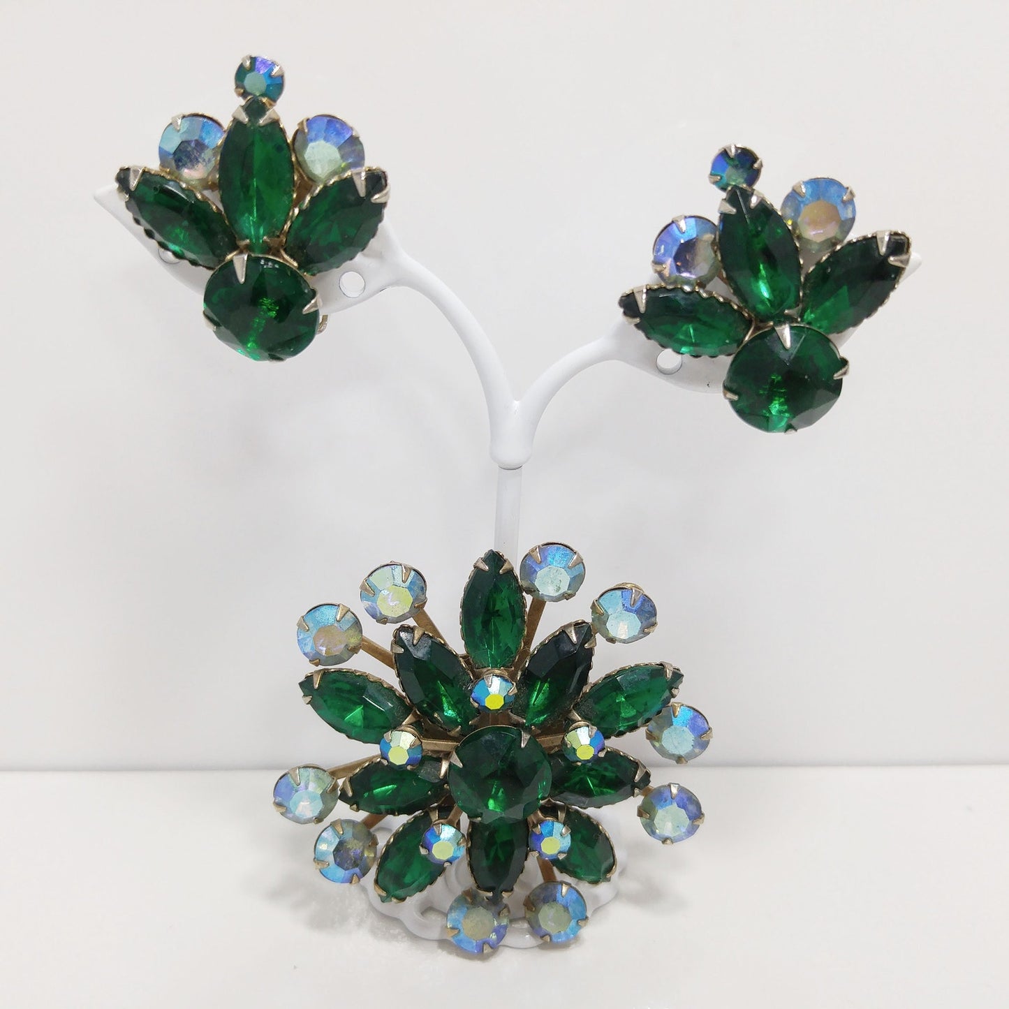 Mid-Century Green Rhinestone Flower Brooch & Earrings, Aurora Borealis, 1950s