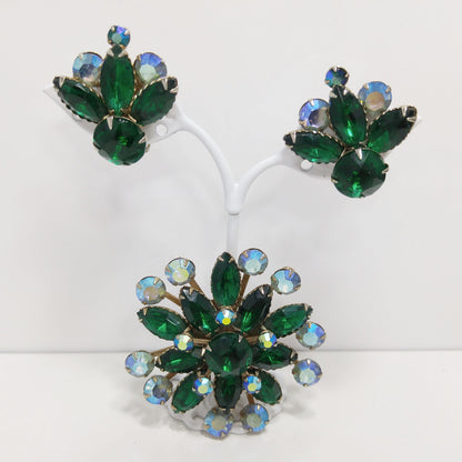 Mid-Century Green Rhinestone Flower Brooch & Earrings, Aurora Borealis, 1950s
