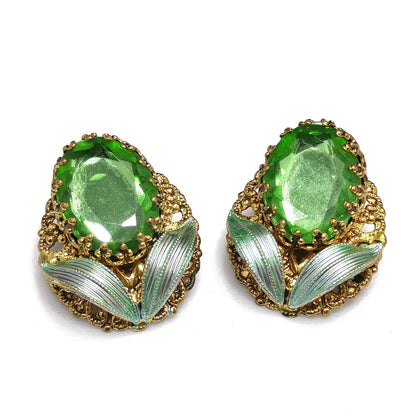 West Germany Green Clip Earrings, Filigree Green Enamel, Faux Pearls, 1950s Vintage Jewelry