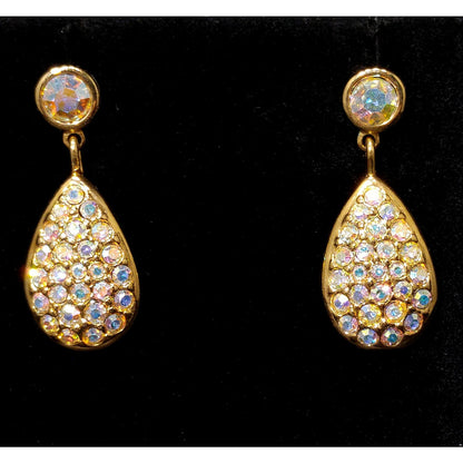 Vintage Swarovski Swan Logo Earrings – Aurora Borealis Crystal Teardrop Dangles