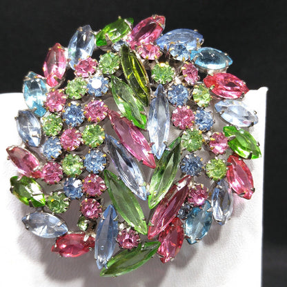 Pastel Rhinestone Floral Brooch, Rhodium Plated, Open Back Stones, 1960s Vintage Jewelry