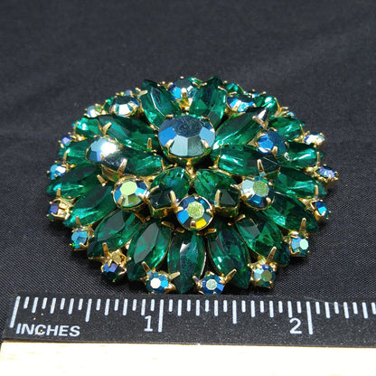Green Aurora Borealis Rhinestone Brooch, Gold Plated, Two Tier, 1960s Vintage Jewelry