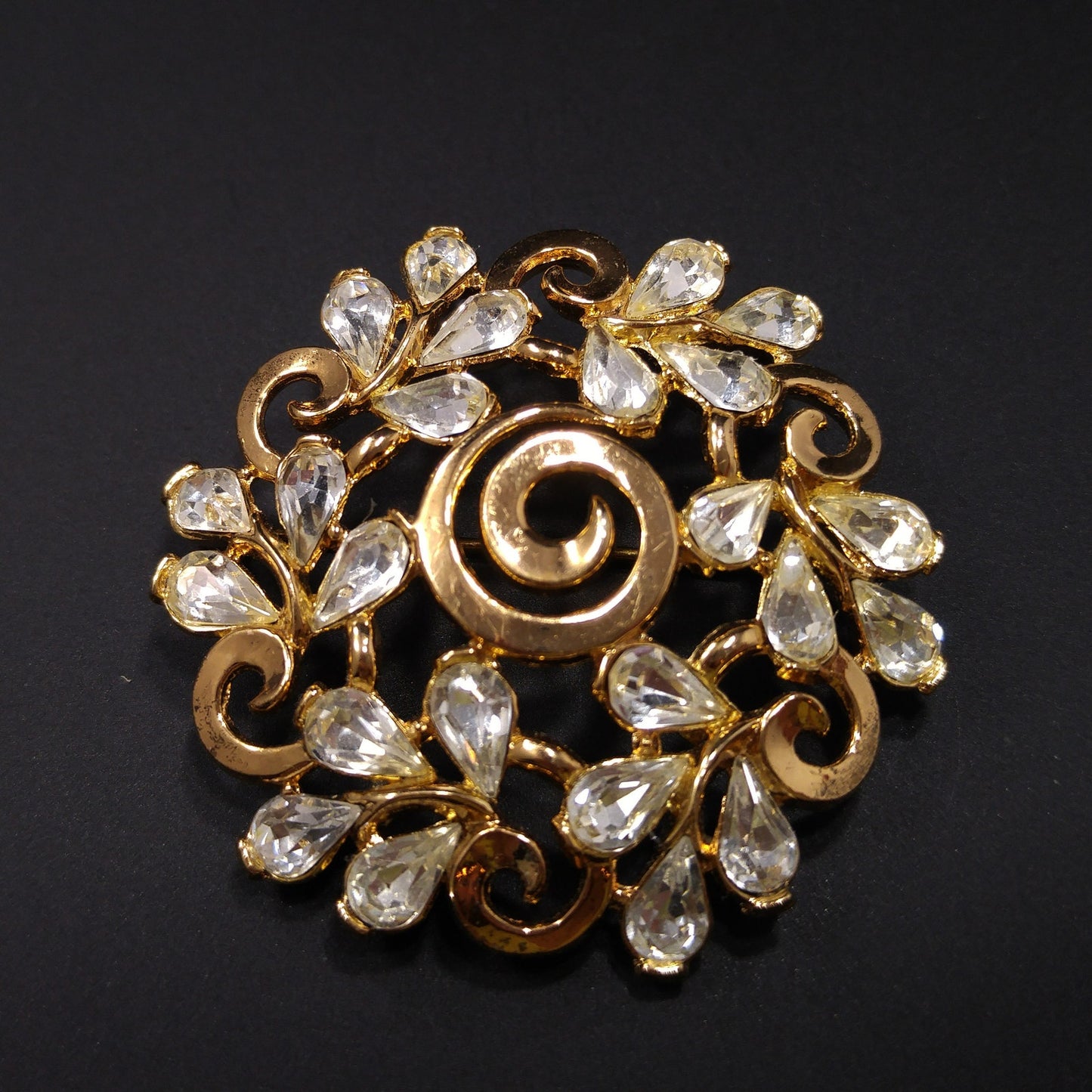 Crown Trifari Floral Brooch, Gold Plated, Clear Rhinestones, 1960s Vintage
