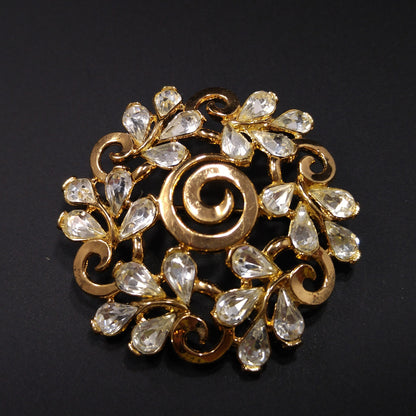 Crown Trifari Floral Brooch, Gold Plated, Clear Rhinestones, 1960s Vintage