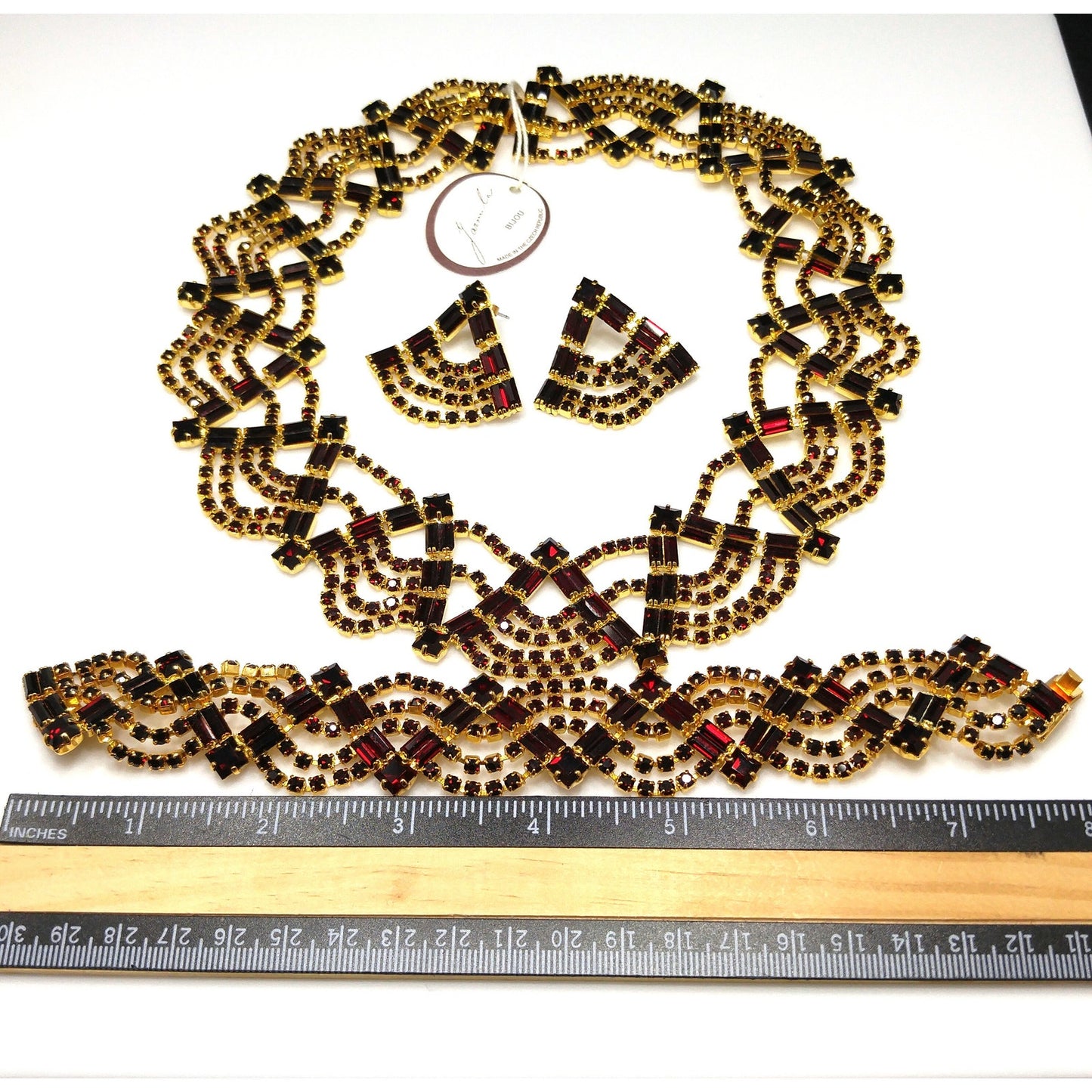 Czech Republic Garnet Red Rhinestone Necklace Bracelet Earrings, Gold Plated, 1990s Vintage Jewelry