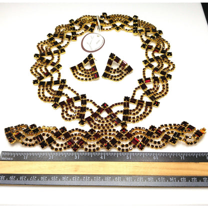 Czech Republic Garnet Red Rhinestone Necklace Bracelet Earrings, Gold Plated, 1990s Vintage Jewelry