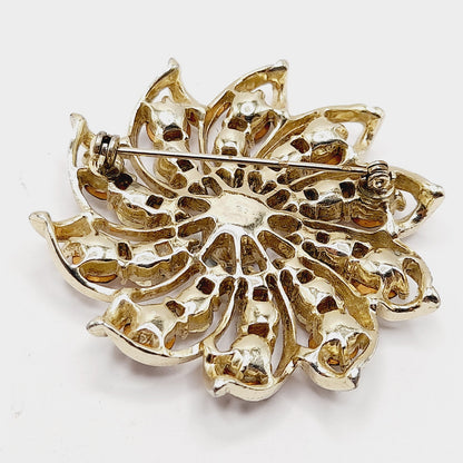 Vintage Topaz AB Rhinestone Flower Brooch Gold Plated 2 Inch Unsigned