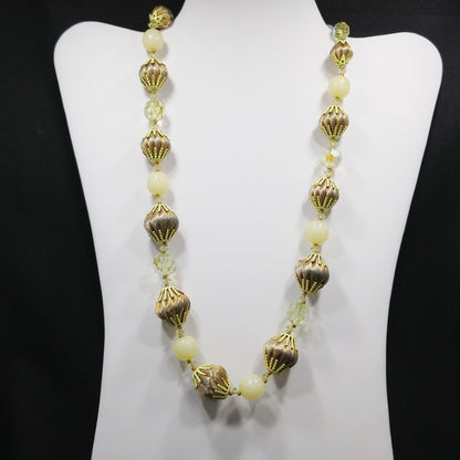 Vendome Gold Twist & AB Crystal Bead Necklace, Yellow Bead Caps, Gold Plated, 1960s Vintage Jewelry