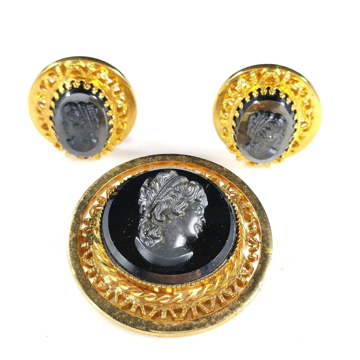 Vintage Cameo Hematite Brooch & Clip Earrings, Filigree Pin Set W Germany Style, 1950s Vintage Jewelry