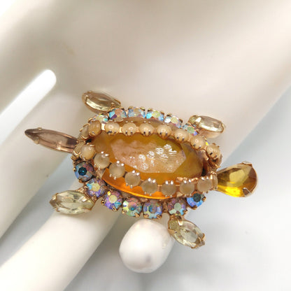 Turtle Brooch, Juliana Style Open Back Rhinestones, Gold Plated, 1960s Vintage Jewelry