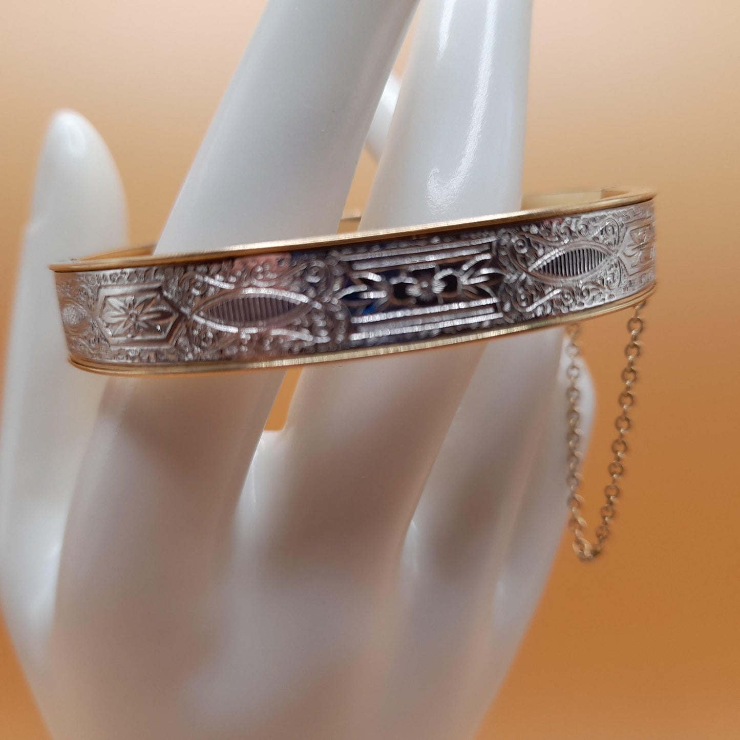 Krementz Hinged Bangle Bracelet, Rolled Gold Overlay, Two Toned, Safety Chain, 1950s Vintage Jewelry