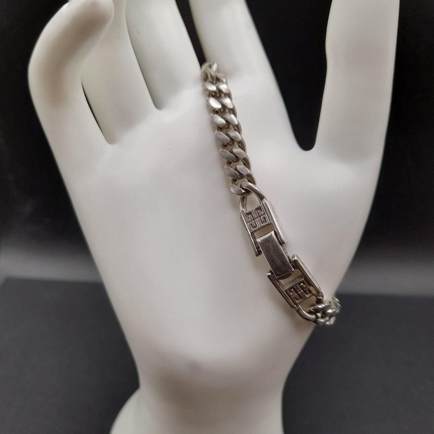 Givenchy Curb Chain Bracelet, Rhodium Plated, 7 3/4 Inches 1980s Vintage Jewelry