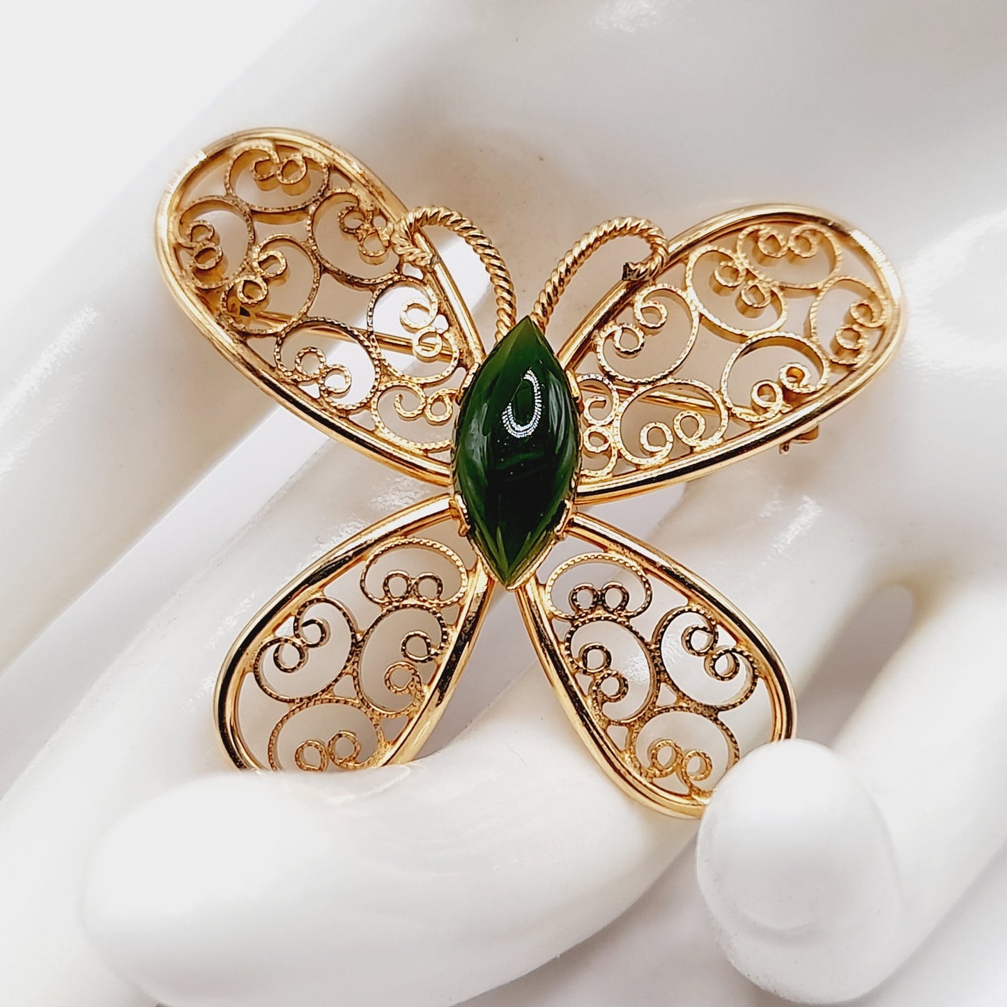 Vintage Gold Filled Butterfly Brooch Green Gemstone Center 1-20 14K GF