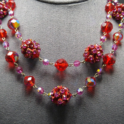 Vendome Red Crystal Necklace, Rhinestone Clusters, Two Strands, 1950s Vintage