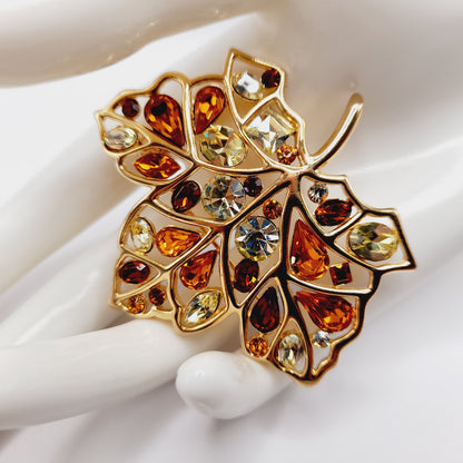 Vintage Nolan Miller Maple Leaf Brooch Gold Plated Rhinestone Glamour Collection 2 3/8"