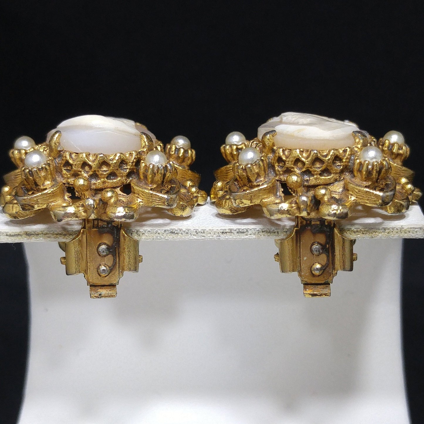 Florenza Cameo Clip Earrings, Hand-carved Shell, Gold Plated, 1950s Vintage Jewelry