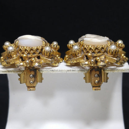 Florenza Cameo Clip Earrings, Hand-carved Shell, Gold Plated, 1950s Vintage Jewelry