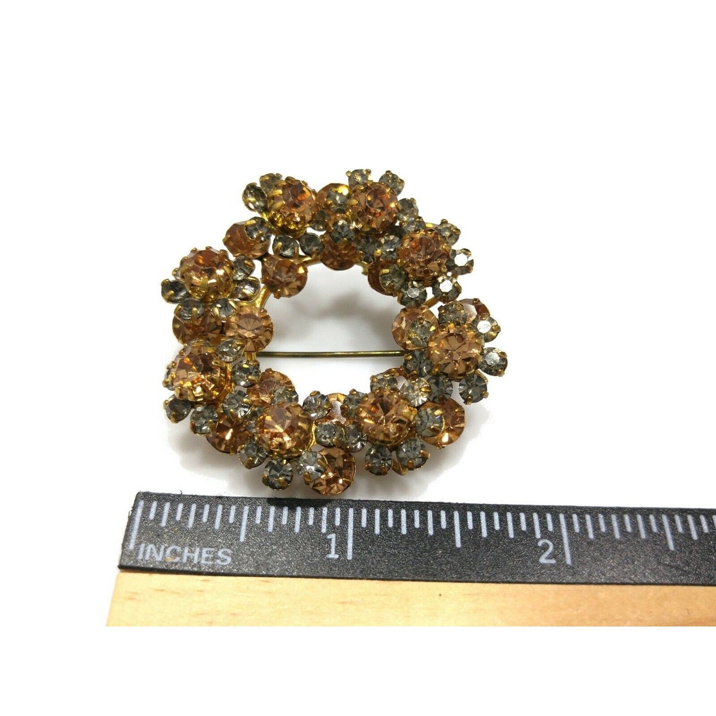 Austria Crystal Topaz Gray Rhinestone Wreath Brooch, 1950s Vintage Jewelry