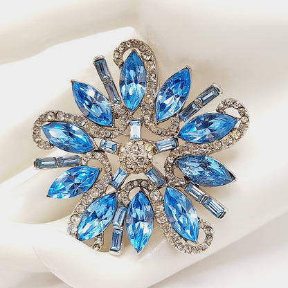 Vintage Rhodium Plated Blue Clear Rhinestone Floral Brooch – 2 1/4 Inches