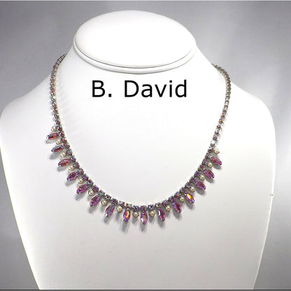 Vintage B. DAVID Pink Red AB Rhinestone Choker Necklace, 1960s, Rhodium Plated