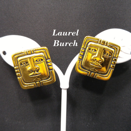 Vintage Laurel Burch Aztec Face Post Earrings, Gold Plated