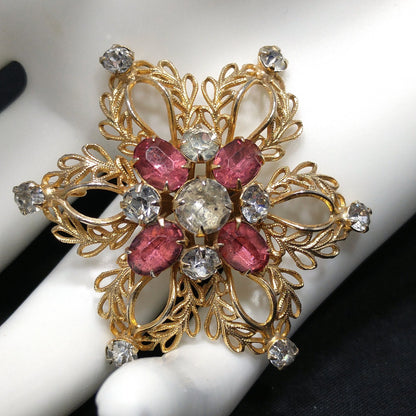 Scitarelli Mid-century Pink Clear Rhinestone Floral Brooch Pendant, 1950s Vintage Jewelry