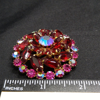 Red & Pink Rhinestone Brooch, Gold Plated, 1960s Vintage Jewelry
