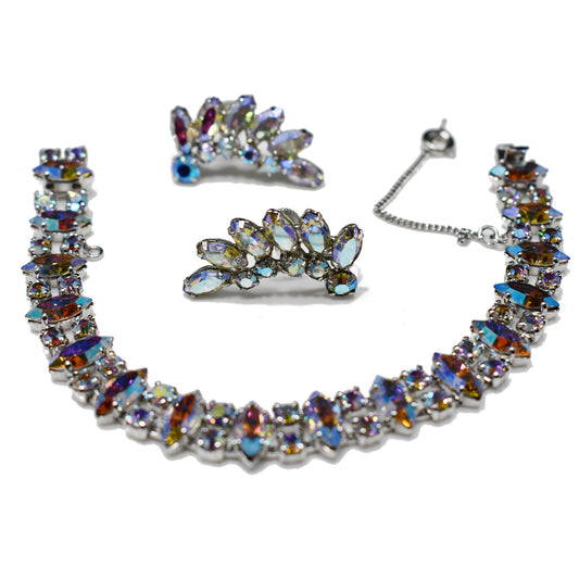 B. David Rhinestone Bracelet & Earrings Set, AB Crystals, Screw Back Earrings, 1950s