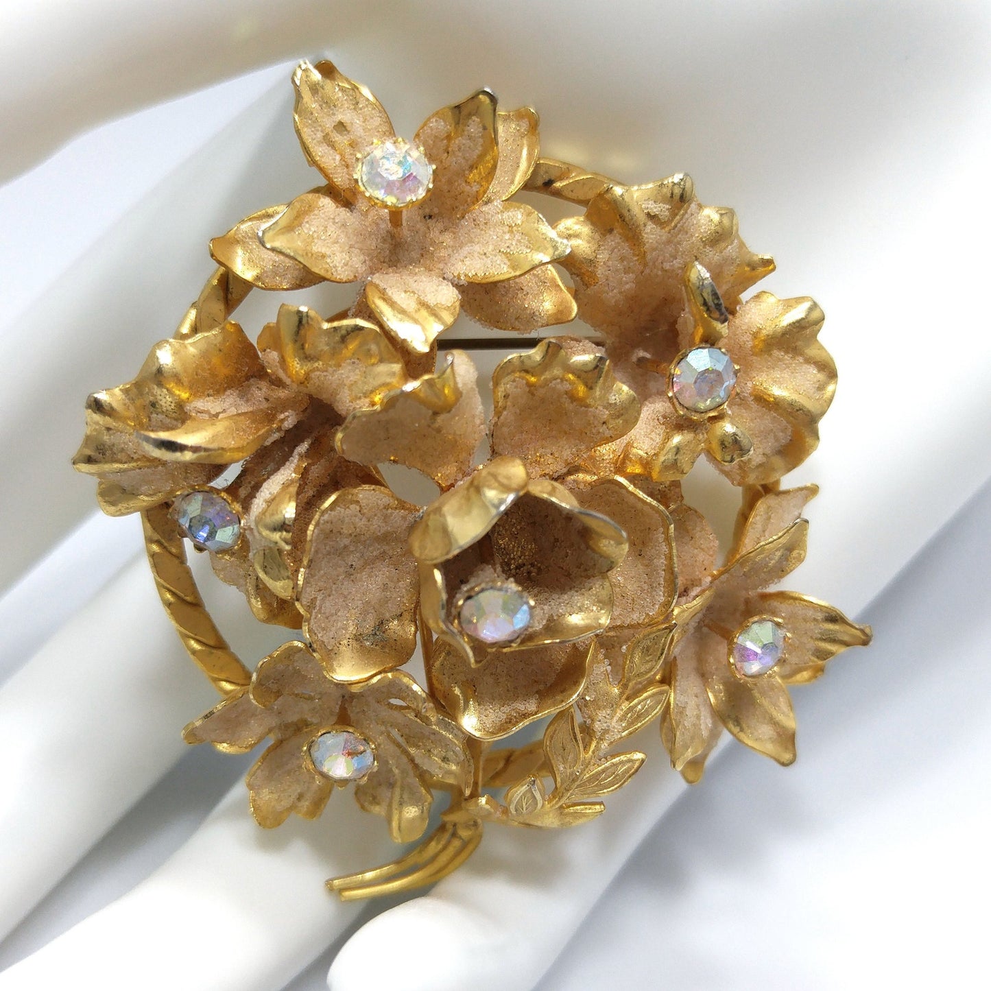 Austria Floral Brooch, Aurora Borealis Rhinestones, Gold Plated Flowers, 1960s Vintage Jewelry