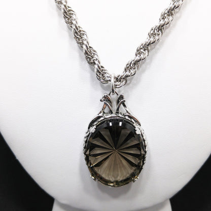 Whiting & Davis Smoky Tourmaline Faceted Pendant Necklace,  Rope Chain, 1960s