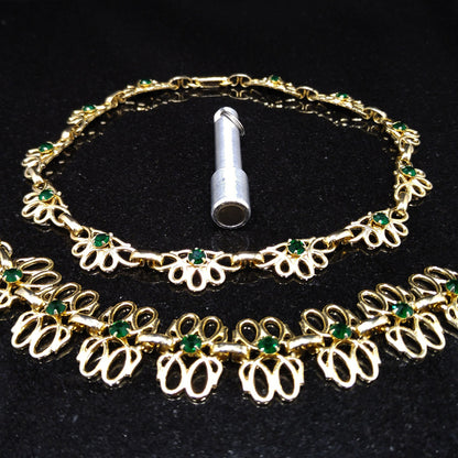 Green Rhinestone Necklace & Bracelet Set, Gold Tone, 1950s Vintage Jewelry