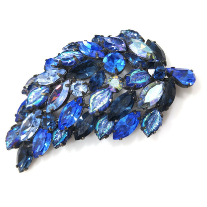 Regency Blue Rhinestones Brooch & Earrings Set, Art Glass Leaves, 1950s Vintage Jewelry