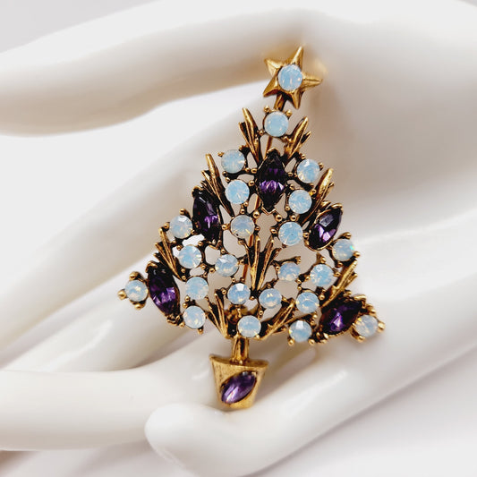 WEISS Opalescent & Purple Rhinestone Christmas Tree Brooch Vintage Holiday Pin