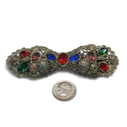 Vintage Rhinestone Floral Bow Brooch, Filigree Flowers, 1930s Jewelry